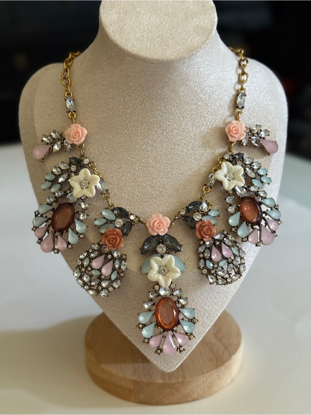 Pastel Floral Rhinestone Bib Gold-Tone Necklace Pink Coquette Cottagecore Fairy
